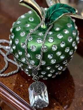 Vintage Glass Pendant W/ Marcasite Accents Necklace W/ Awesome Apple Trinket Box